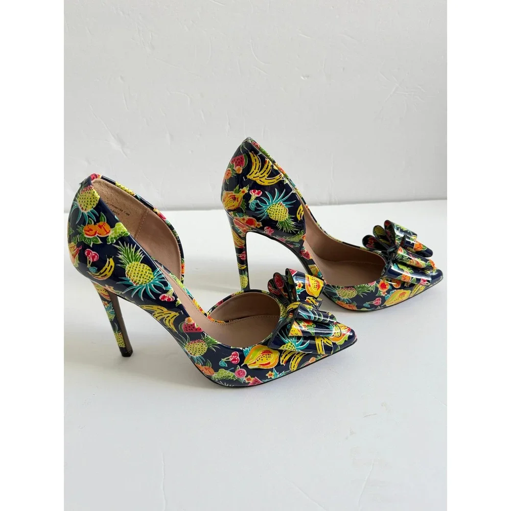 Betsey Johnson Prince Tropical Fruit Print Bow d'Orsay Pumps Navy Multi 7.5M